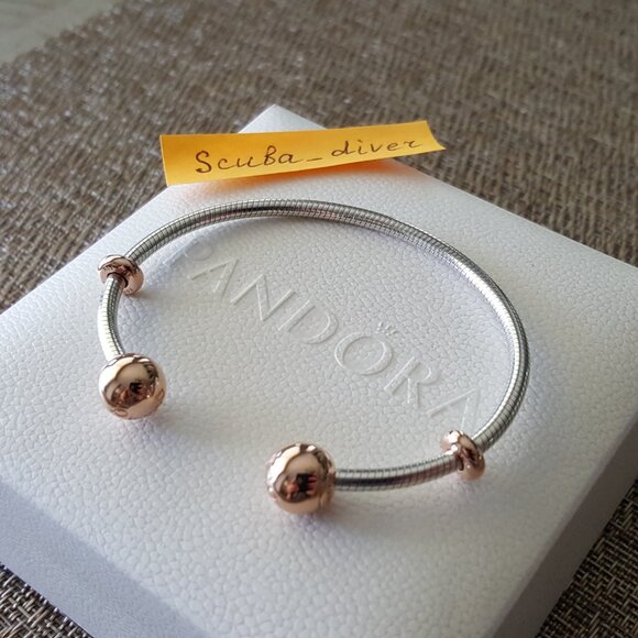 RARE Pandora Two-Tone Rose Gold Silver Moments Snake Chain Open Bracelet Bangle - Picture 1 of 12